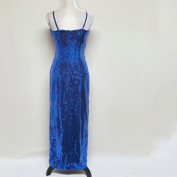 VINTAGE Alyce Designs Blue Silver Sequin Floral Bustier Side Slit Maxi Dress M - Picture 11 of 16